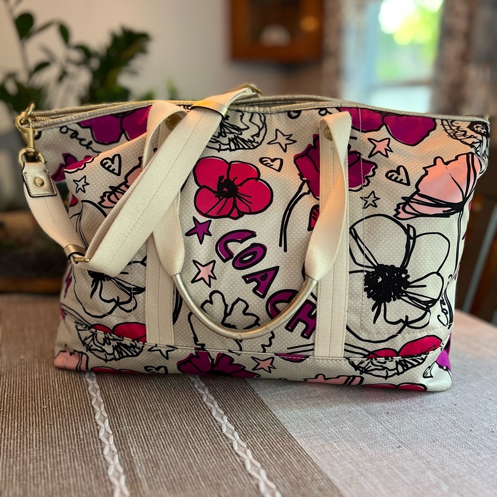 🌸🌺Coach Floral Print Nylon Tote Bag Pink Multi Weekender Crossbody - Picture 2 of 13